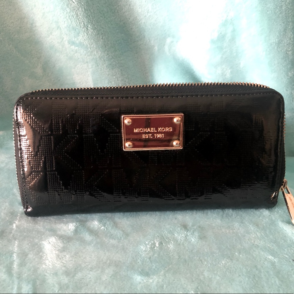 Michael Kors signature black on black vinyl checkbook wallet